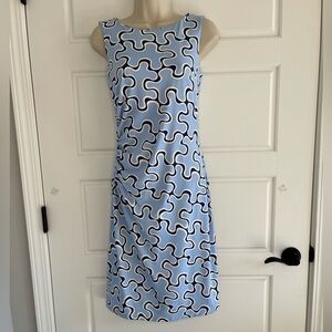 J. McLaughlin Sleeveless Sage Dress Ruched Waist Catalina Cloth Puzzle Print XS